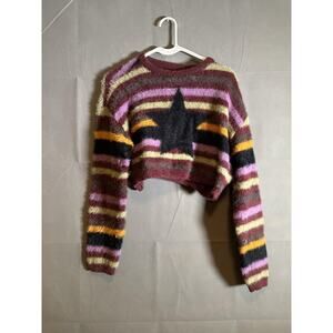 Social Collision Sweater Womens Small Striped Fuzzy Cropped Star Pullover